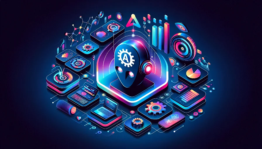 Illustration mettant en avant des icônes et éléments graphiques de l’intelligence artificielle en marketing digital.