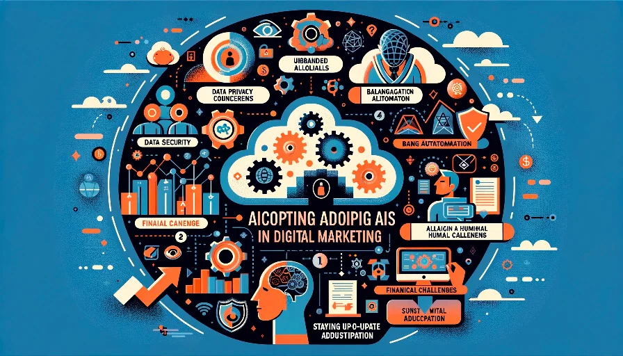 Illustration représentant l’intelligence artificielle dans le marketing digital avec des icônes de sécurité des données et d’automatisation.