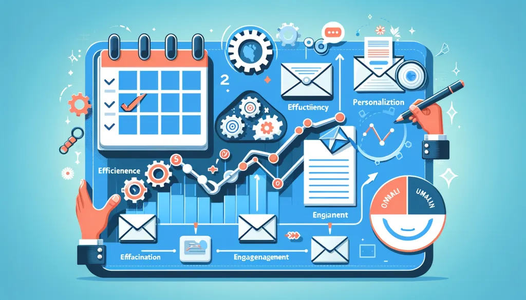 Illustration d’un calendrier, d’engrenages et d’enveloppes, symbolisant l’automatisation de l’email.
