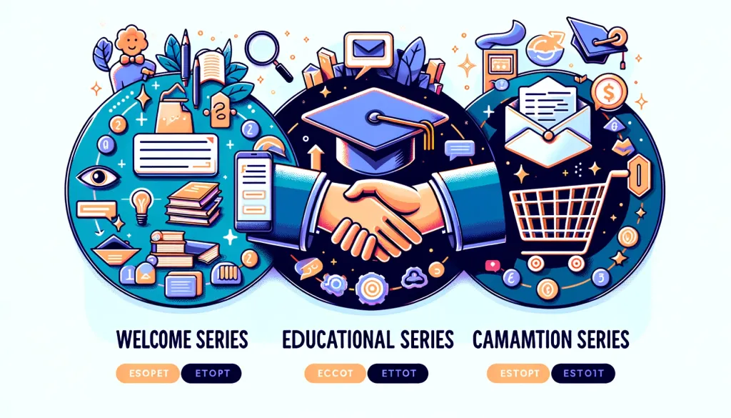 Illustration divisée en trois sections représentant les séries de bienvenue, éducatives et d’action dans l’email marketing.