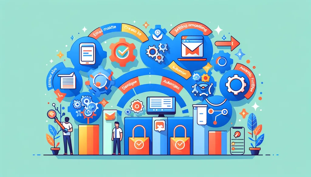 Illustration colorée montrant le processus d’automatisation avec des icônes représentant diverses étapes comme la création, le ciblage et l’envoi d’emails.