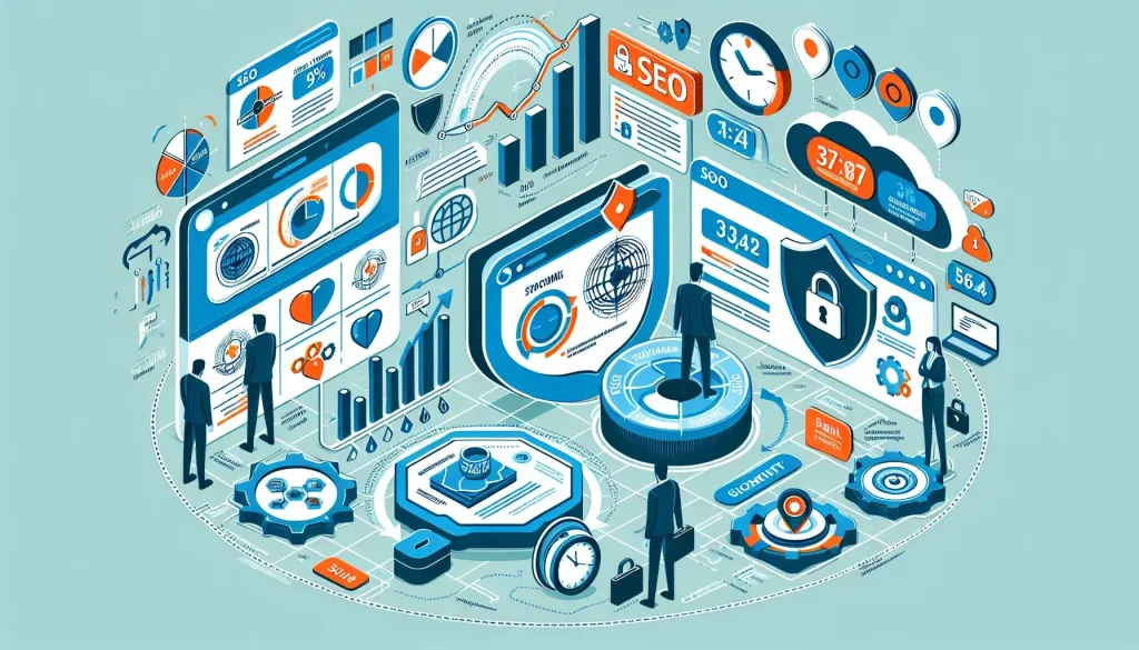 Illustration montrant l’intersection entre SSL et SEO à travers des graphiques, icônes de sécurité et indicateurs de performance