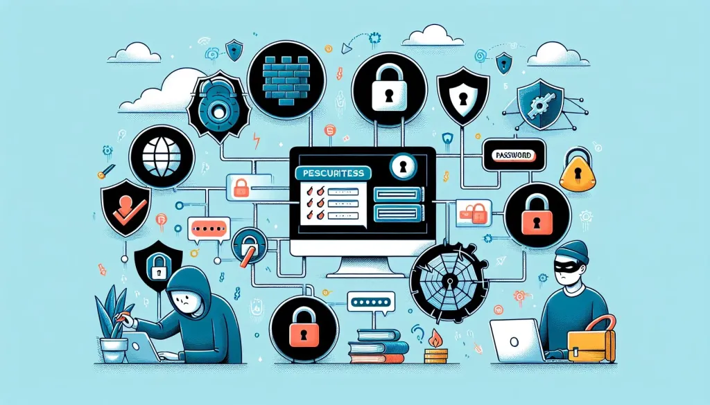 Illustration d’individus travaillant sur des ordinateurs, entourés d’icônes de sécurité SSL et de SEO