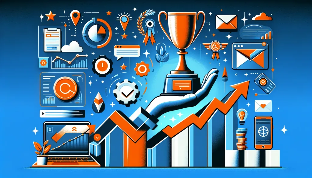 Illustration d’une main tenant un trophée entourée d’icônes.