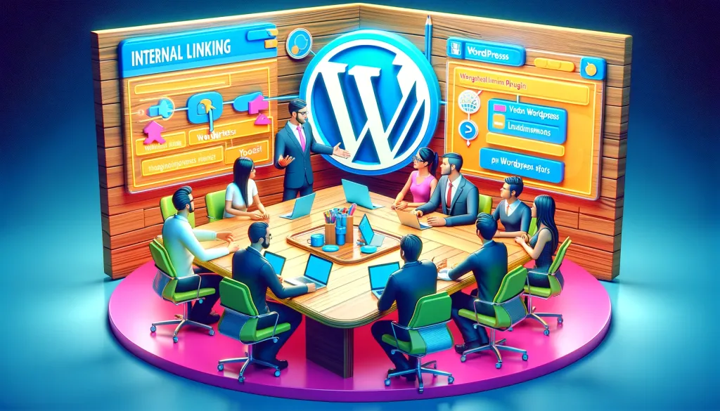 Équipe de professionnels discutant du maillage interne autour d’une table avec des icônes de WordPress.