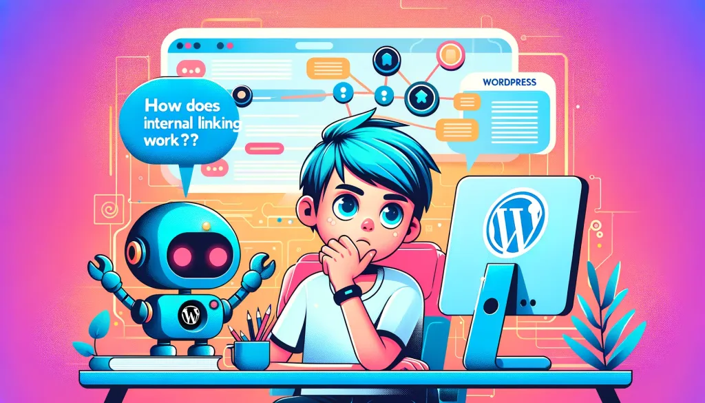 Adulte réfléchissant devant un ordinateur avec l’aide d’un robot sur les liens internes sur WordPress.