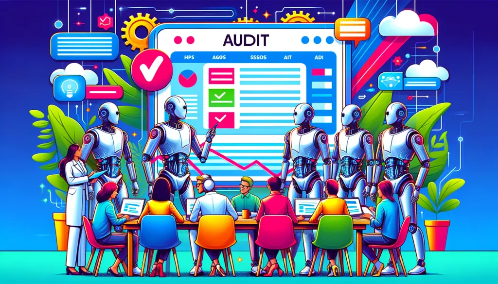Un groupe d’humains et de robots rassemblés autour d’une table, réalisant un audit de site web affiché sur un écran géant.