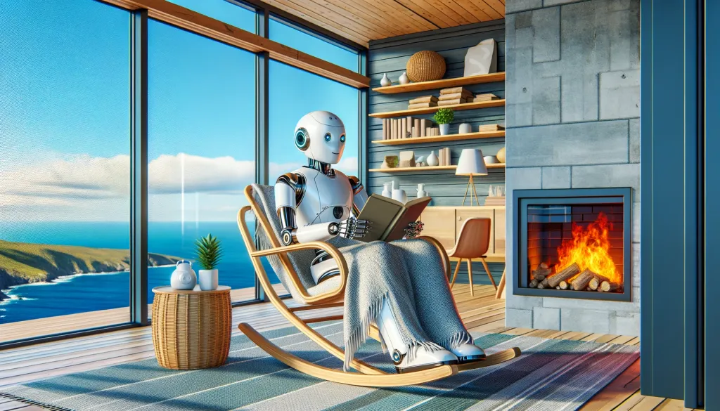 Un robot amical assis dans un fauteuil à bascule moderne avec une couverture, à côté d’une cheminée contemporaine, lisant un livre.
