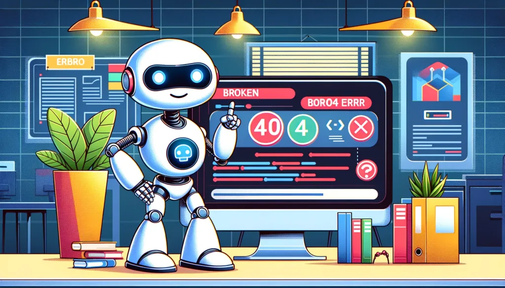 Un robot amical dans un bureau, réparant des liens cassés 404 sur un site web