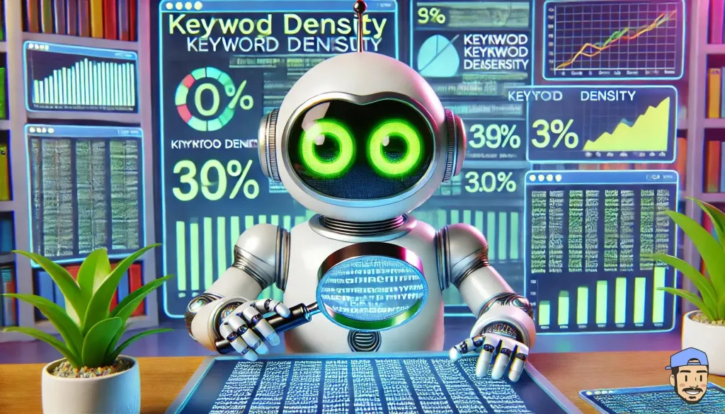 Robot analysant un texte avec une loupe, entouré d’écrans affichant des pourcentages et des graphiques de densité de mots-clés.