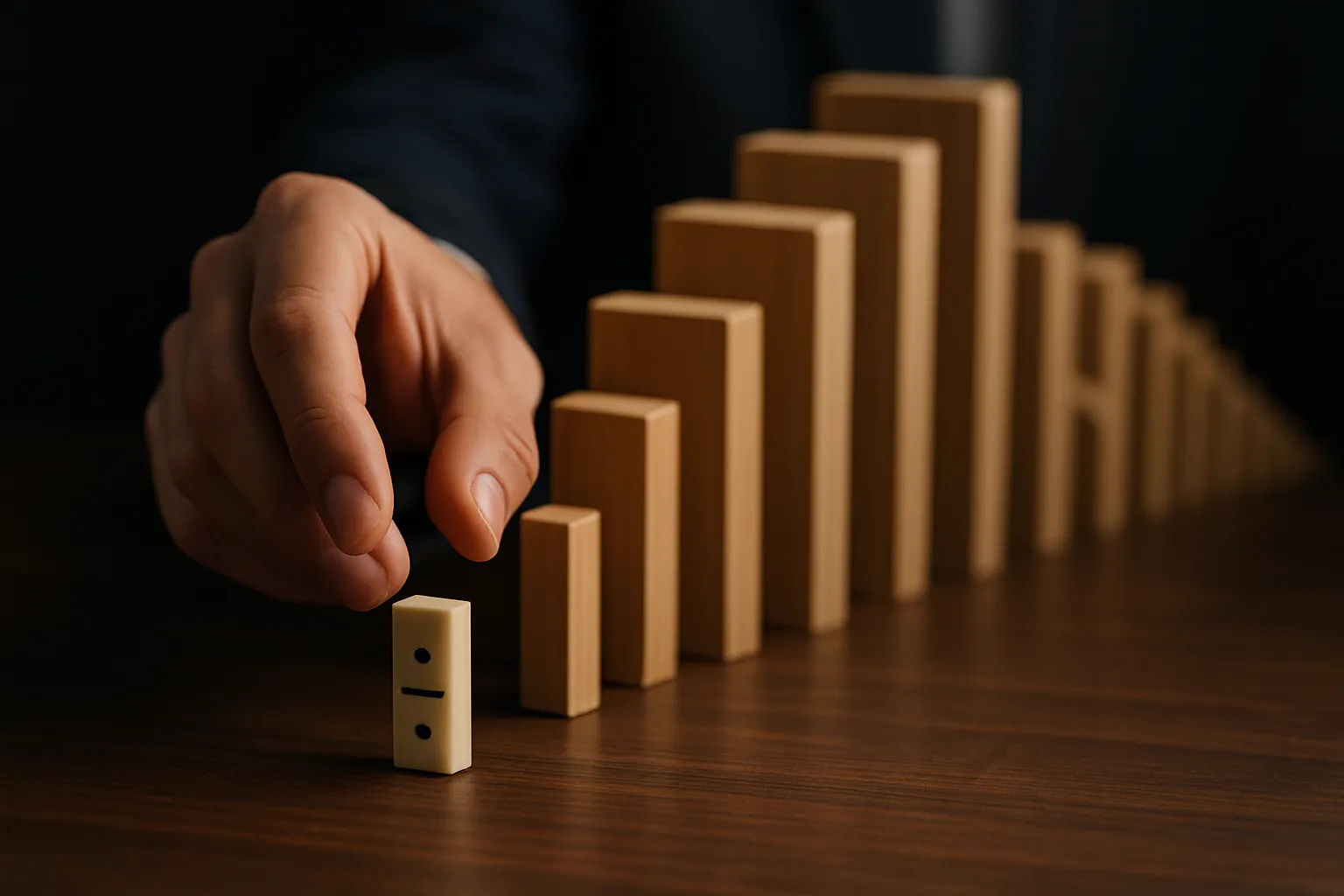 Métaphore du premier pas pour se lancer dans un n8n workflow, représenté par un domino qui tombe en cascade, symbolisant l’effet d’entraînement de l’automatisation.