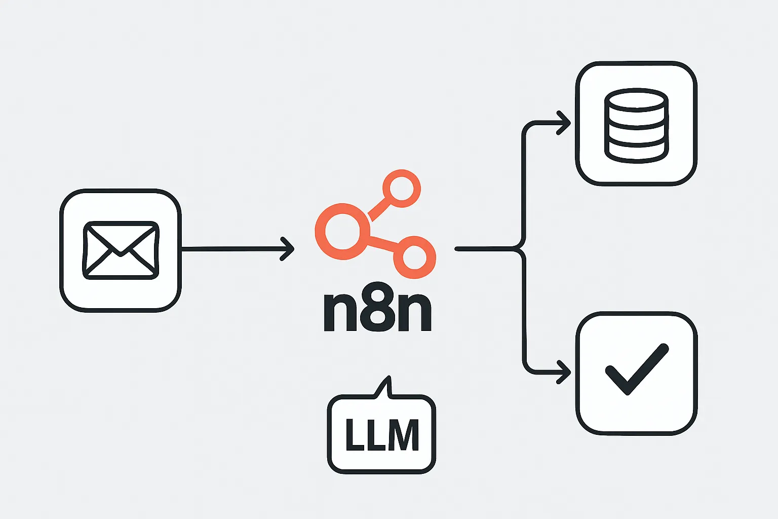 Schéma simplifié d’un exemple d’orchestration d’un AI workflow dans n8n, montrant les étapes d’un workflow RAG pour l’automatisation des réponses aux emails.