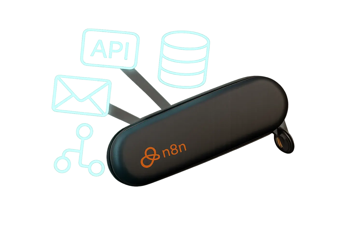 N8N est représenté comme un couteau suisse digital, symbolisant sa flexibilité et sa puissance pour les PME.