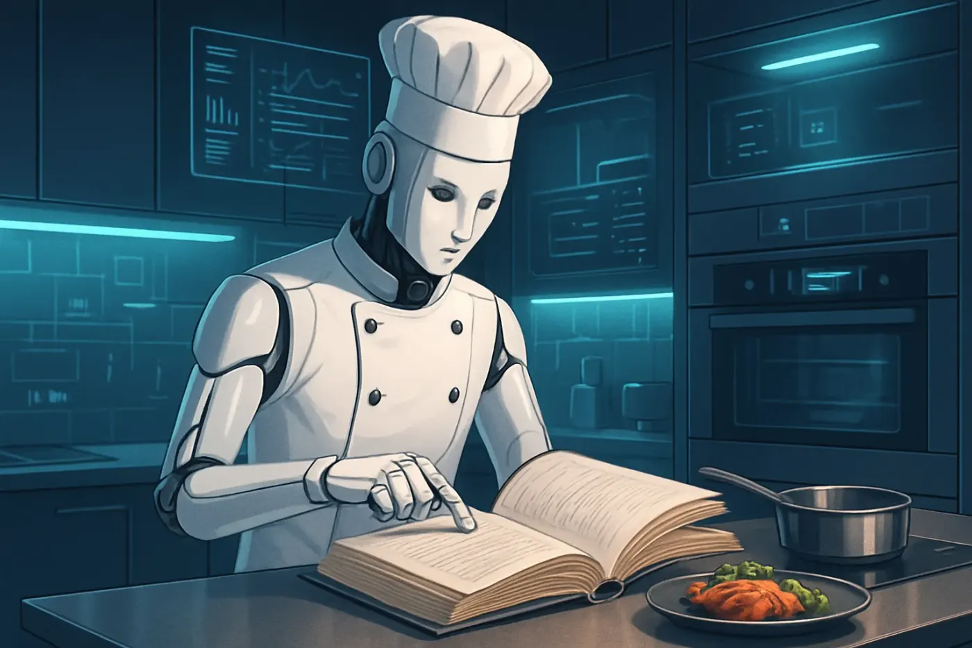 Métaphore : un chef cuisinier IA avec un livre de recettes d’entreprise, illustrant le RAG workflow qui permet à l’IA d’utiliser vos données spécifiques pour générer des réponses pertinentes.