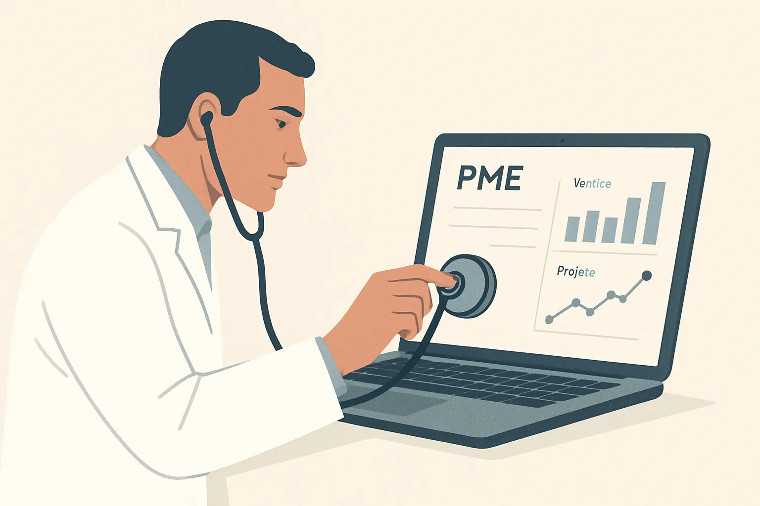 L’audit IA représenté par un diagnostic médical précis sur la santé d’une PME avant de prescrire une solution