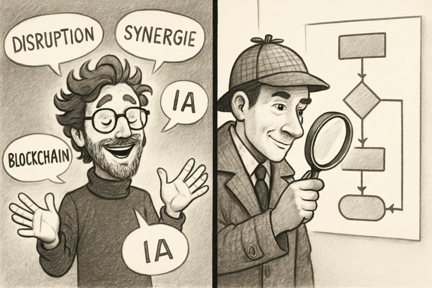Comparaison entre un faux prophète de l’IA et un vrai consultant IA qui analyse les faits