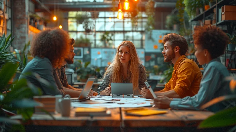 Quatre individus engagés dans une formation marketing digital, autour d'une table en bois, entourés de verdure et d'une ambiance chaleureuse.