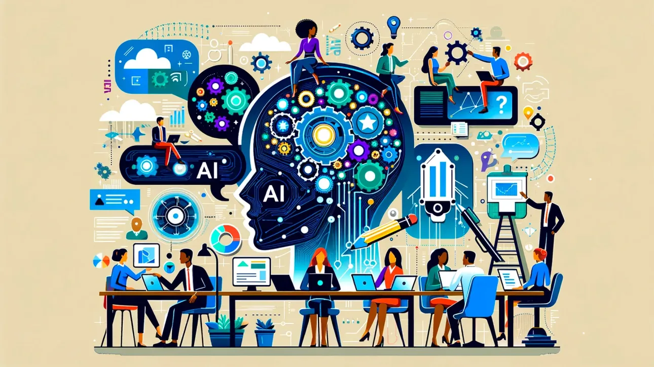 Professionnels du marketing digital et de l’IA collaborant autour d’une table, avec une illustration de tête humaine symbolisant la stratégie et l’innovation.