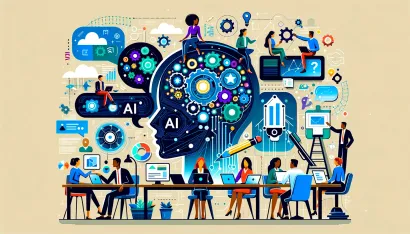 Professionnels du marketing digital et de l’IA collaborant autour d’une table, avec une illustration de tête humaine symbolisant la stratégie et l’innovation.