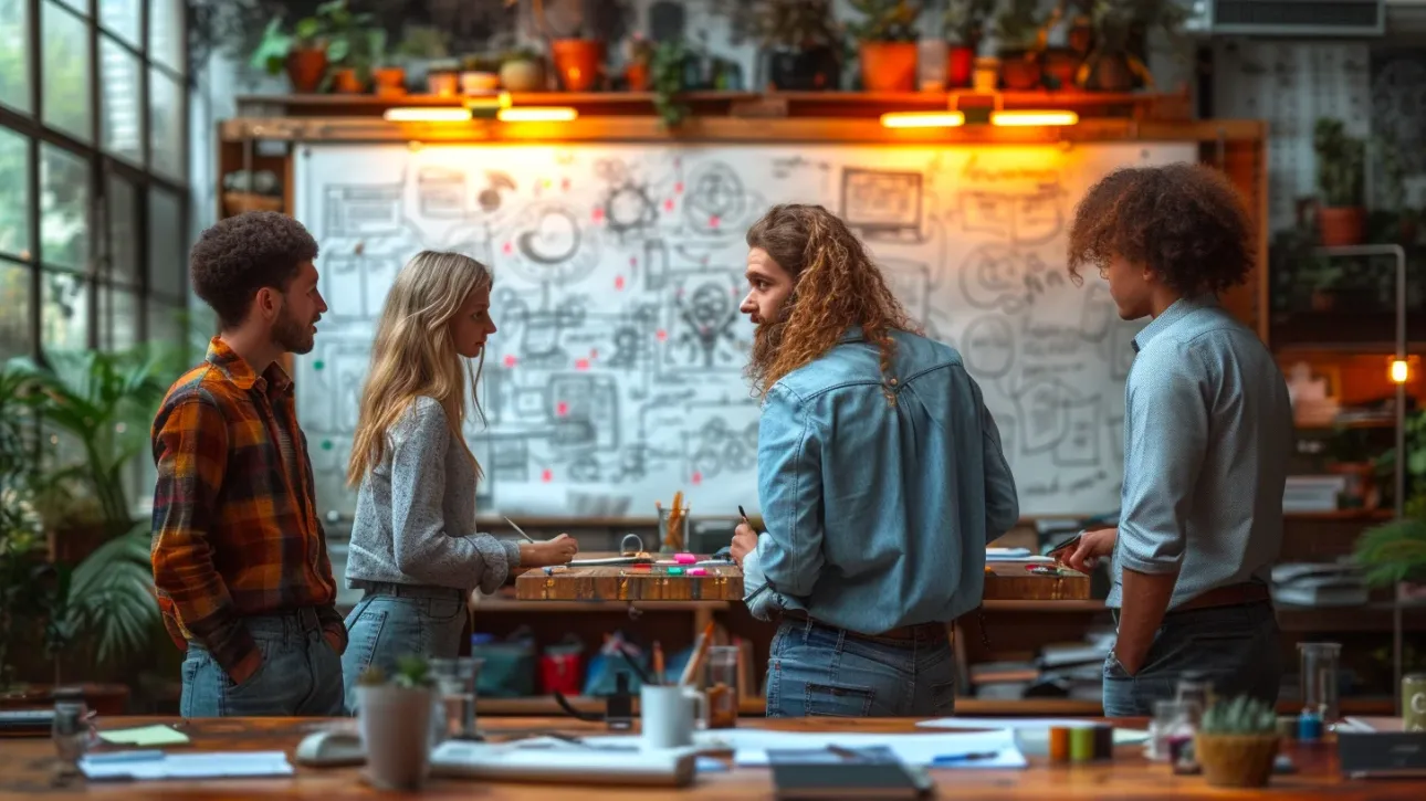 Quatre professionnels en formation en marketing digital, autour d'une table de travail, avec un tableau blanc rempli de notes en arrière-plan.