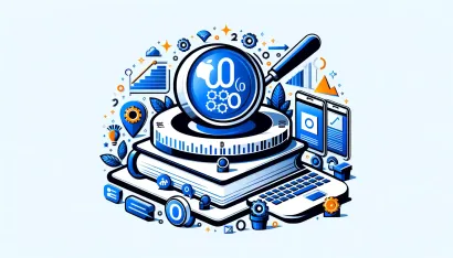 Illustration colorée montrant une loupe zoomant sur le symbole de l’autorité de domaine, entourée d’icônes représentant différents aspects du SEO et du web.