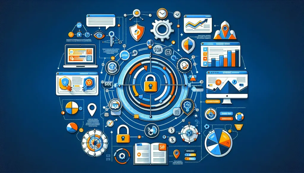 Illustration complexe montrant l’interaction entre SSL et SEO, symbolisée par des icônes de sécurité et des éléments de performance du site web sur un fond bleu.