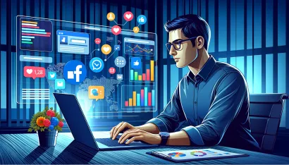 Un homme utilise un ordinateur portable dans un environnement sombre, entouré d’icônes de médias sociaux flottantes, y compris Facebook, pour illustrer la gestion du partage sur les réseaux sociaux.