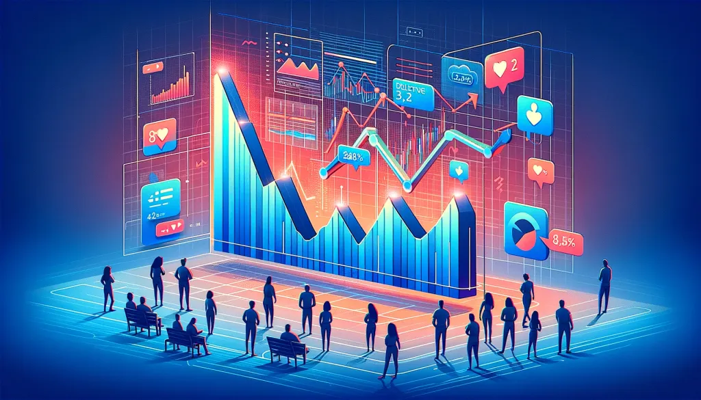 Une illustration montrant des personnes regardant un grand écran affichant des graphiques, des statistiques et des icônes de médias sociaux, symbolisant l’analyse de l’engagement en ligne.