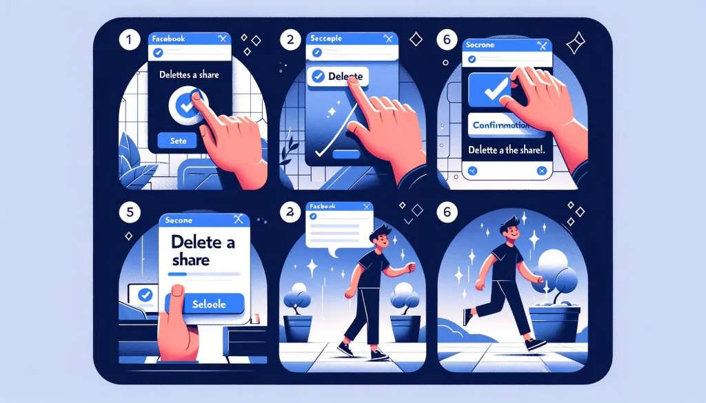 Une série d’images illustrant les étapes pour supprimer un partage sur Facebook, y compris la sélection du post, le choix de l’option de suppression et la confirmation.