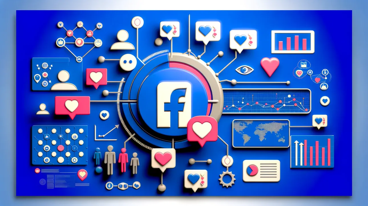 Une image représentant le logo de Facebook entouré d’icônes et de graphiques illustrant l’interaction et l’engagement des utilisateurs sur la plateforme.