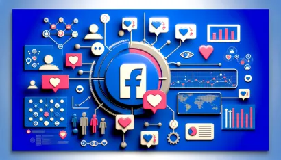 Une image représentant le logo de Facebook entouré d’icônes et de graphiques illustrant l’interaction et l’engagement des utilisateurs sur la plateforme.