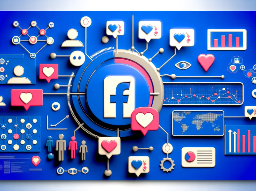 Une image représentant le logo de Facebook entouré d’icônes et de graphiques illustrant l’interaction et l’engagement des utilisateurs sur la plateforme.