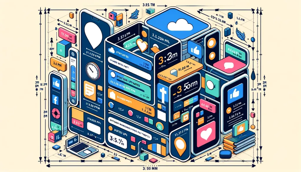 Une image complexe et colorée représentant un smartphone décomposé en plusieurs couches pour montrer divers éléments et applications, y compris des icônes de médias sociaux, des messages textuels et des notifications, illustrant la dimension publication Facebook.