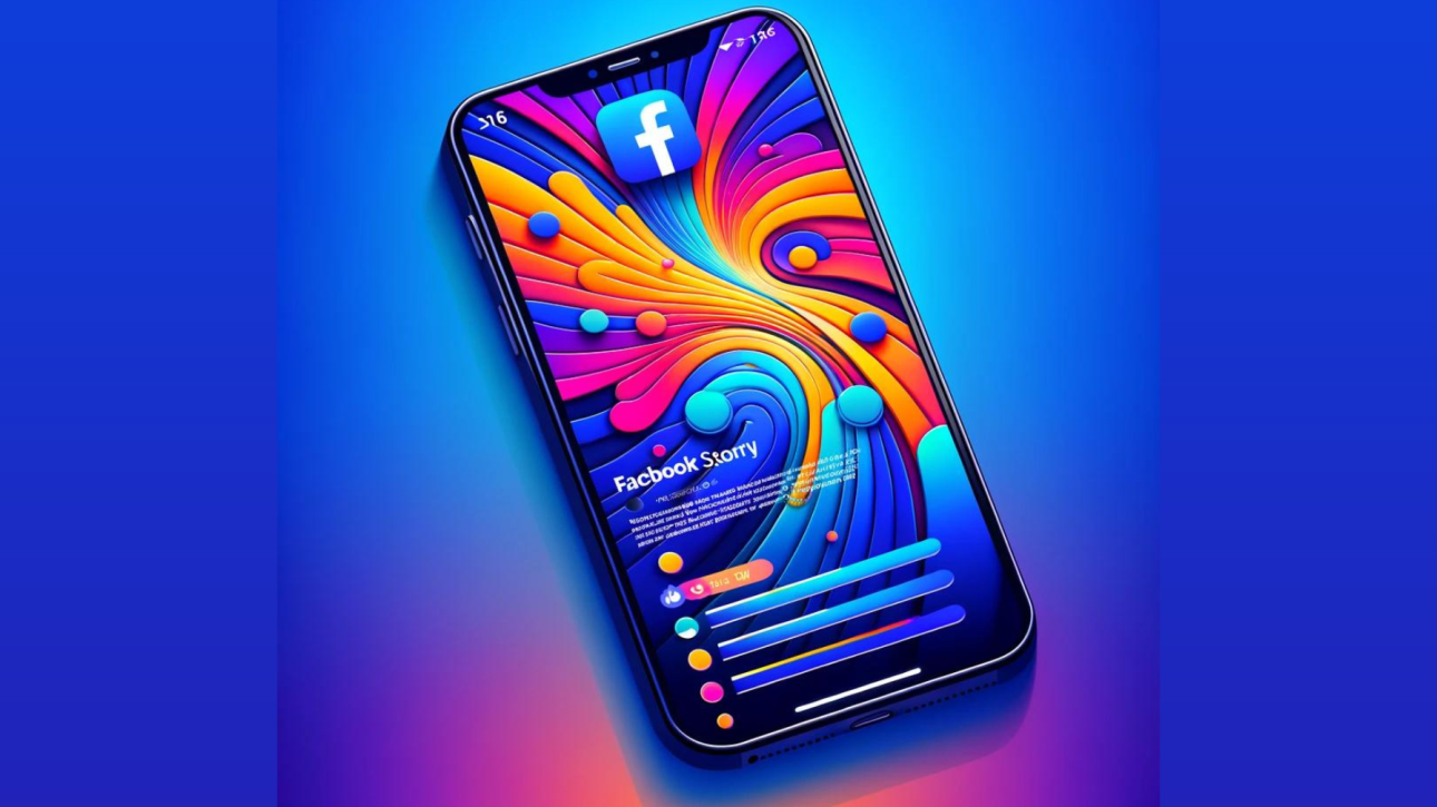 Une image vibrante mettant en avant un smartphone affichant le logo Facebook, entouré de formes abstraites et colorées émanant de l’écran sur un fond bleu dégradé.