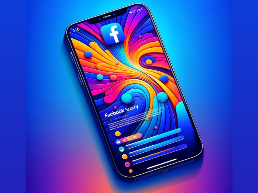 Une image vibrante mettant en avant un smartphone affichant le logo Facebook, entouré de formes abstraites et colorées émanant de l’écran sur un fond bleu dégradé.