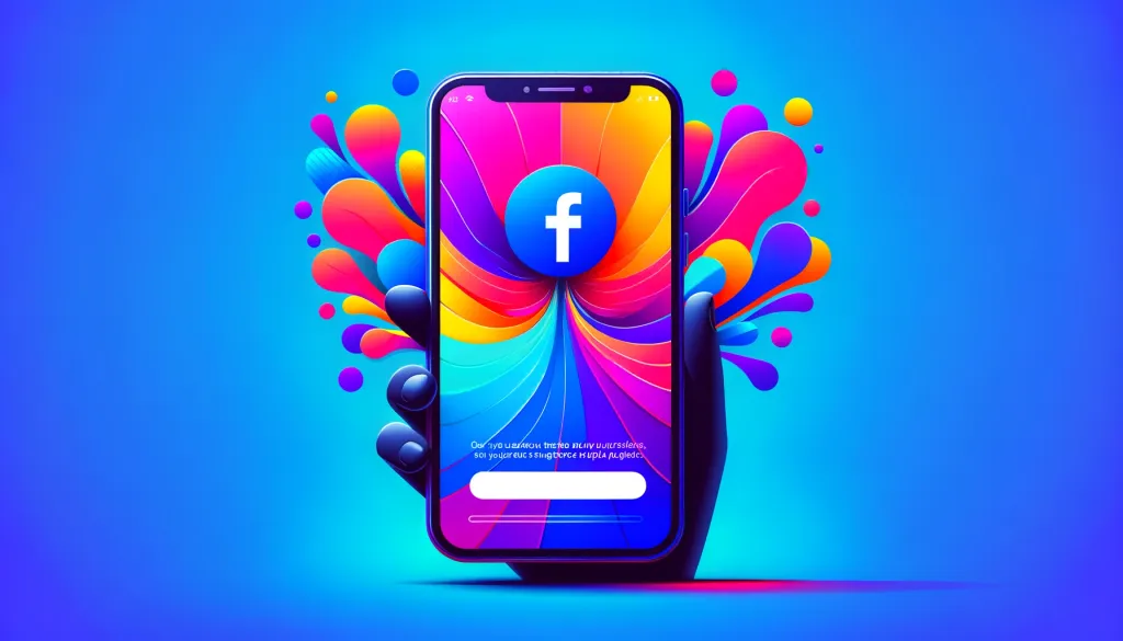 Un smartphone affiche une interface Facebook Stories vibrante et colorée avec des motifs abstraits tourbillonnants dans des teintes vives de bleu, d’orange, de rose et de violet sur un fond bleu dégradé.