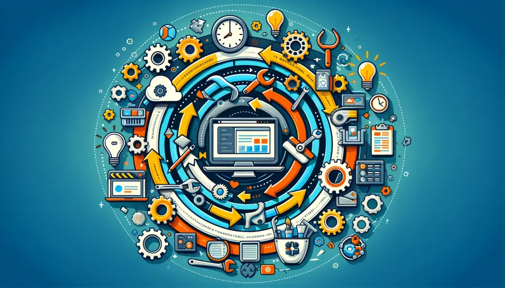 Une image complexe et colorée montrant un ordinateur au centre, entouré d’engrenages, d’icônes de développement web et d’outils SEO, illustrant la mise à jour régulière et l’optimisation d’un site internet pour un meilleur référencement.