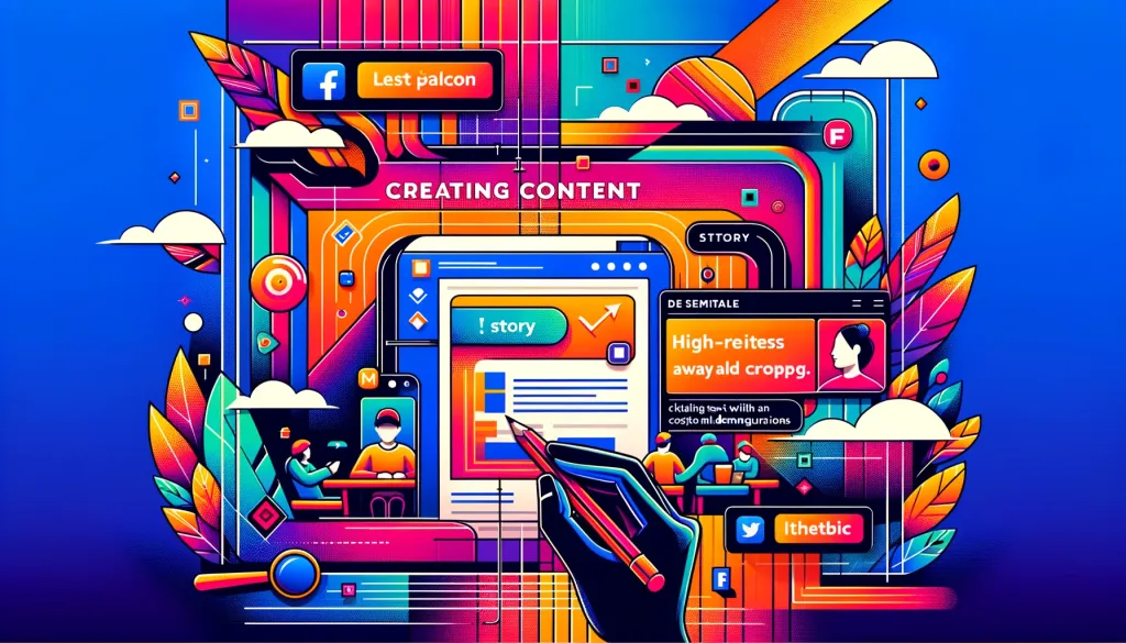 Une image vibrante et colorée illustrant le processus de création de contenu pour une story Facebook, avec des éléments graphiques dynamiques, des icônes de médias sociaux et du texte interactif.