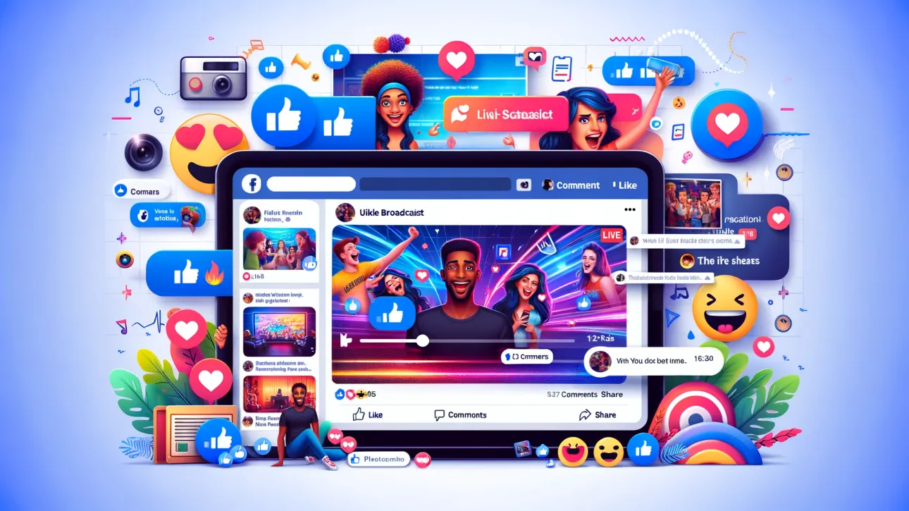 Une image colorée et dynamique montrant une interface utilisateur de contenu Facebook, avec des icônes, des emojis et des éléments multimédias intégrés pour représenter l’interaction sociale en ligne.