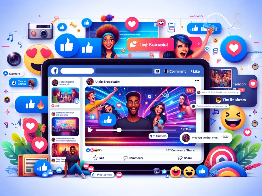 Une image colorée et dynamique montrant une interface utilisateur de contenu Facebook, avec des icônes, des emojis et des éléments multimédias intégrés pour représenter l’interaction sociale en ligne.