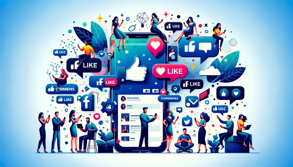 Une image dynamique et colorée illustrant diverses personnes interagissant avec du contenu Facebook sur des appareils mobiles, entourées d’icônes “J’aime”, de commentaires et d’autres éléments graphiques relatifs à Facebook.