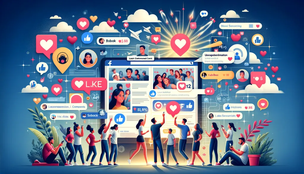 Une image dynamique et colorée illustrant diverses personnes interagissant avec du contenu Facebook, symbolisé par des icônes de réactions, des commentaires et des notifications sur un arrière-plan bleu nuit étoilé.