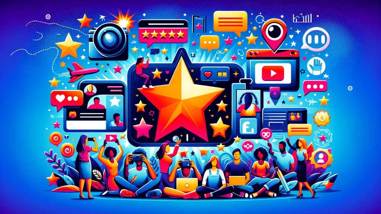 Une image vibrante montrant des personnes interagissant avec divers éléments de médias sociaux et de contenu en ligne, symbolisant le “Contenu généré par les utilisateurs SEO”.