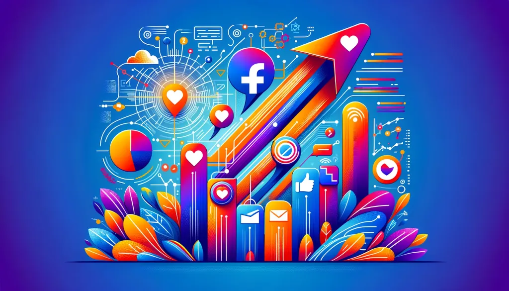 Une image vibrante et colorée illustrant la croissance et l’engagement sur Facebook avec les format publication. Il y a des icônes, des graphiques et un grand “J’aime” au centre.