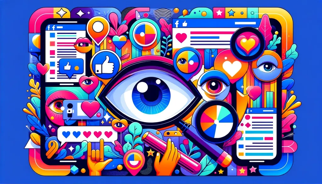 Une image colorée et vibrante illustrant divers éléments associés à Facebook, y compris des icônes de réactions, des graphiques et un grand œil au centre, symbolisant la visibilité et l’engagement sur la plateforme.