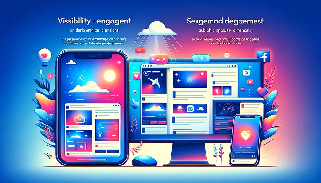 Une image colorée et vibrante montrant des interfaces utilisateur sur un ordinateur portable, une tablette et des téléphones mobiles, illustrant la visibilité et l’engagement sur les stories Facebook.