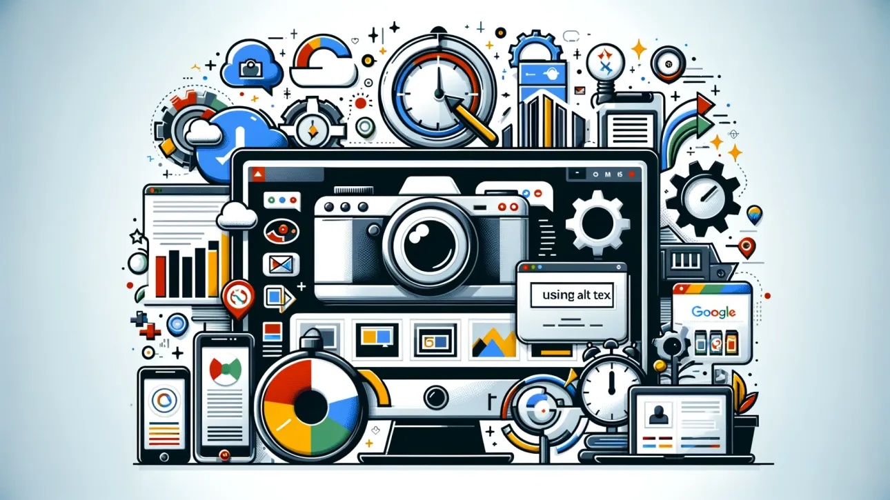 Une image complexe montrant un ordinateur portable avec des icônes et des éléments graphiques représentant divers outils et plateformes en ligne, y compris un appareil photo, des graphiques, des nuages et “using alt text” affiché sur l’écran.