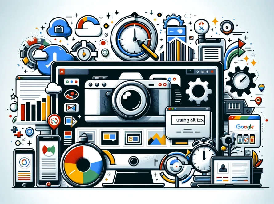 Une image complexe montrant un ordinateur portable avec des icônes et des éléments graphiques représentant divers outils et plateformes en ligne, y compris un appareil photo, des graphiques, des nuages et “using alt text” affiché sur l’écran.