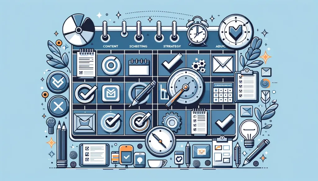 Une illustration complexe et colorée représentant divers éléments associés à la gestion de contenu, à la stratégie, au calendrier et aux outils de productivité. Bien que cela ne soit pas directement lié au mot-clé “supprimer un partage sur Facebook”, il peut symboliser la complexité et les multiples étapes impliquées dans la gestion des paramètres de confidentialité et de partage sur les plateformes de médias sociaux.