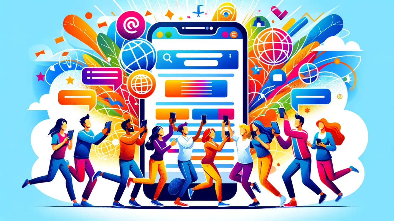 Une illustration vibrante mettant en scène un groupe de personnes interagissant avec un grand smartphone, entouré d’éléments dynamiques et colorés représentant diverses fonctionnalités et fonctionnalités d’un site internet pour mobile.